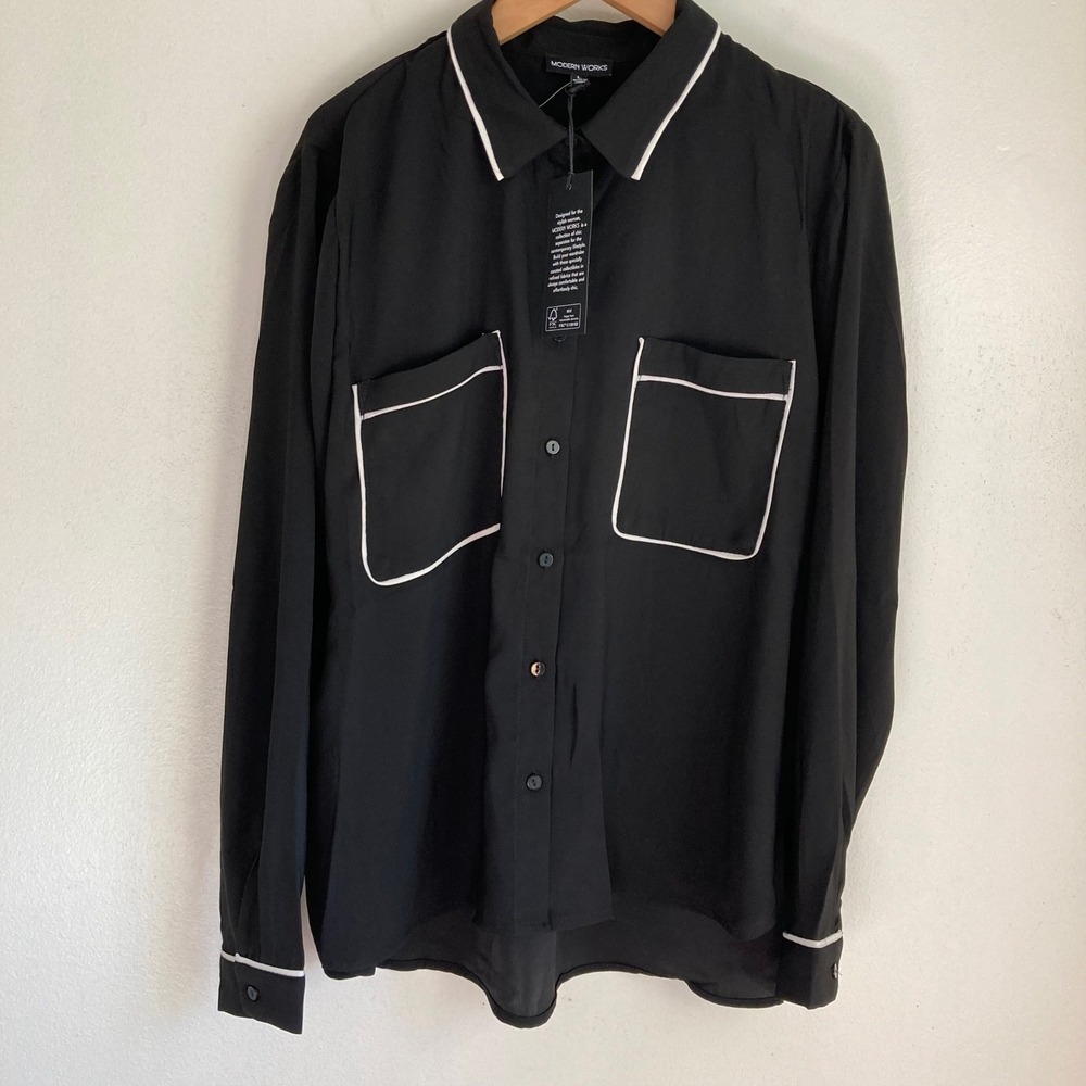 Modern Works Black White Piping Button Down Blouse Shirt Womens Large NWT